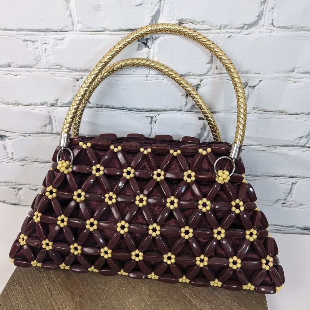 Handcrafted Burgundy Floral Bead Tote - Unbranded